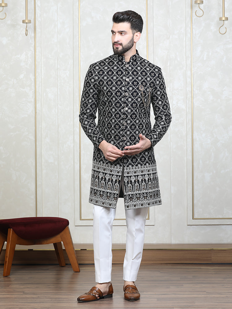 Navy Blue Velvet Embroidered Sherwani Set with Dupatta