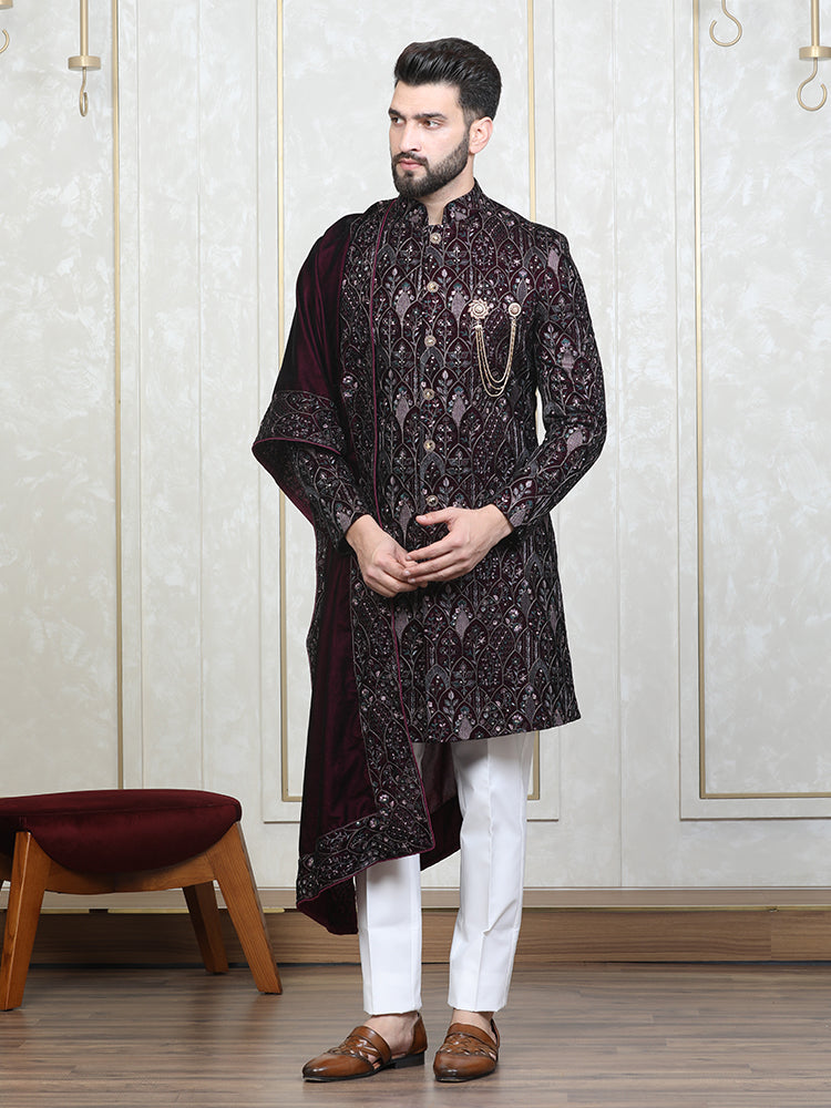 Wine Velvet Embroidered Sherwani Set with Dupatta