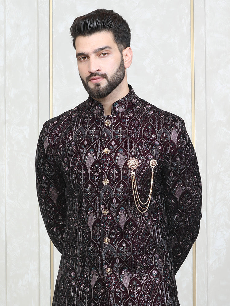 Wine Velvet Embroidered Sherwani Set with Dupatta