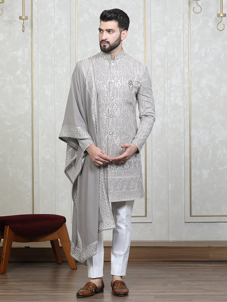 Mouse Faux Georgette Embroidered Sherwani Set