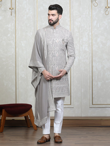 Mouse Faux Georgette Embroidered Sherwani Set