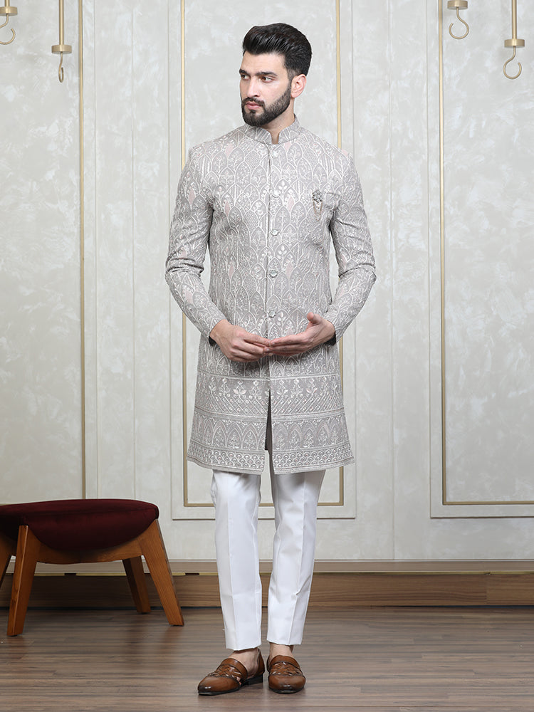 Mouse Faux Georgette Embroidered Sherwani Set