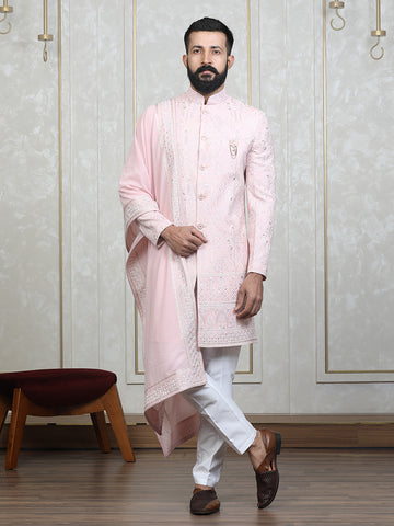 Pink Faux Georgette Embroidered Sherwani Set