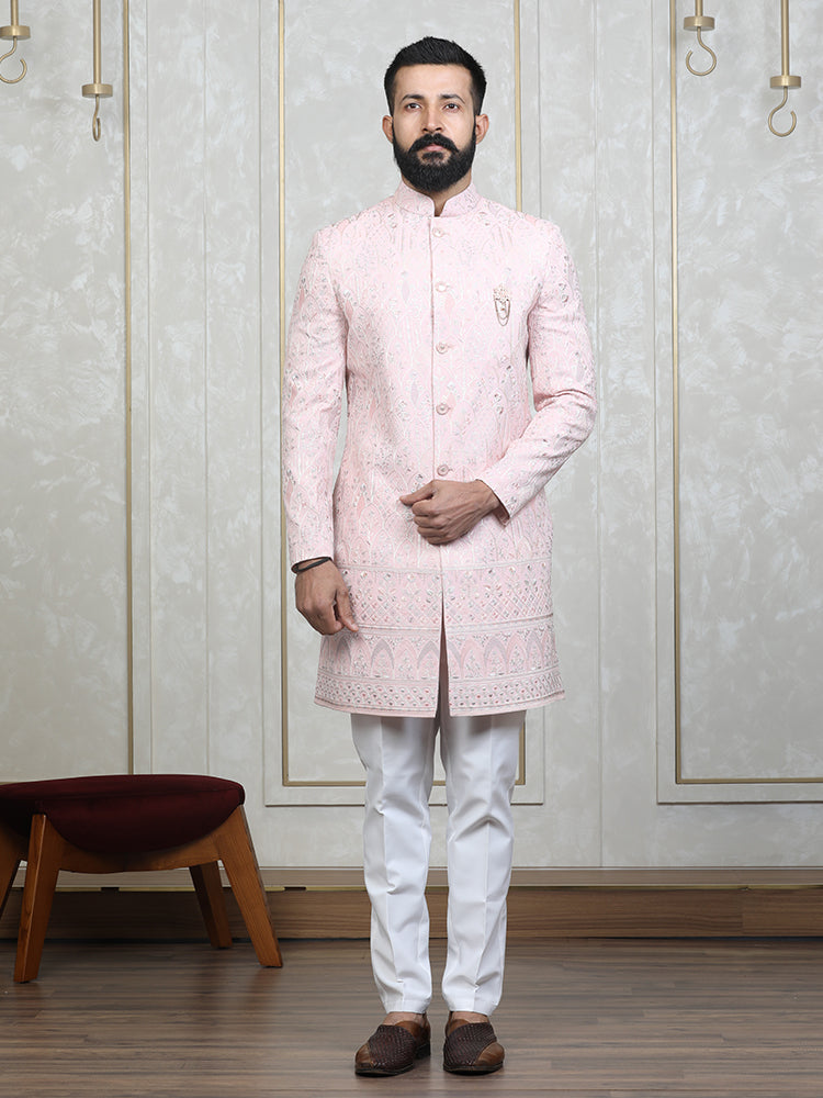 Pink Faux Georgette Embroidered Sherwani Set