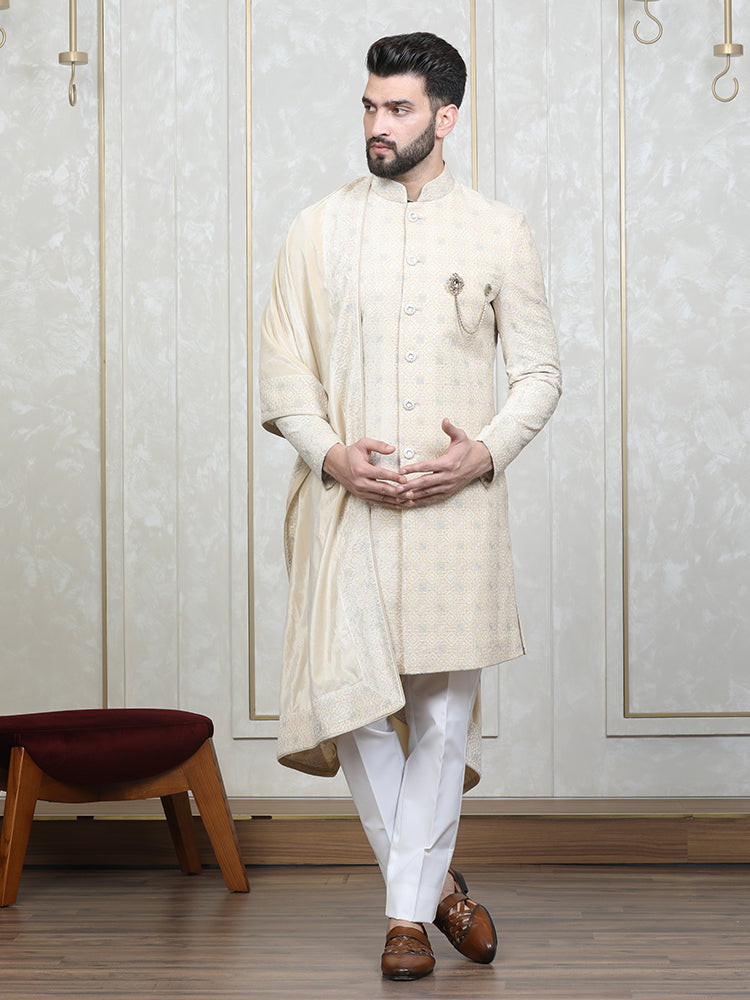 Fawn Velvet Embroidered Sherwani Set with Dupatta