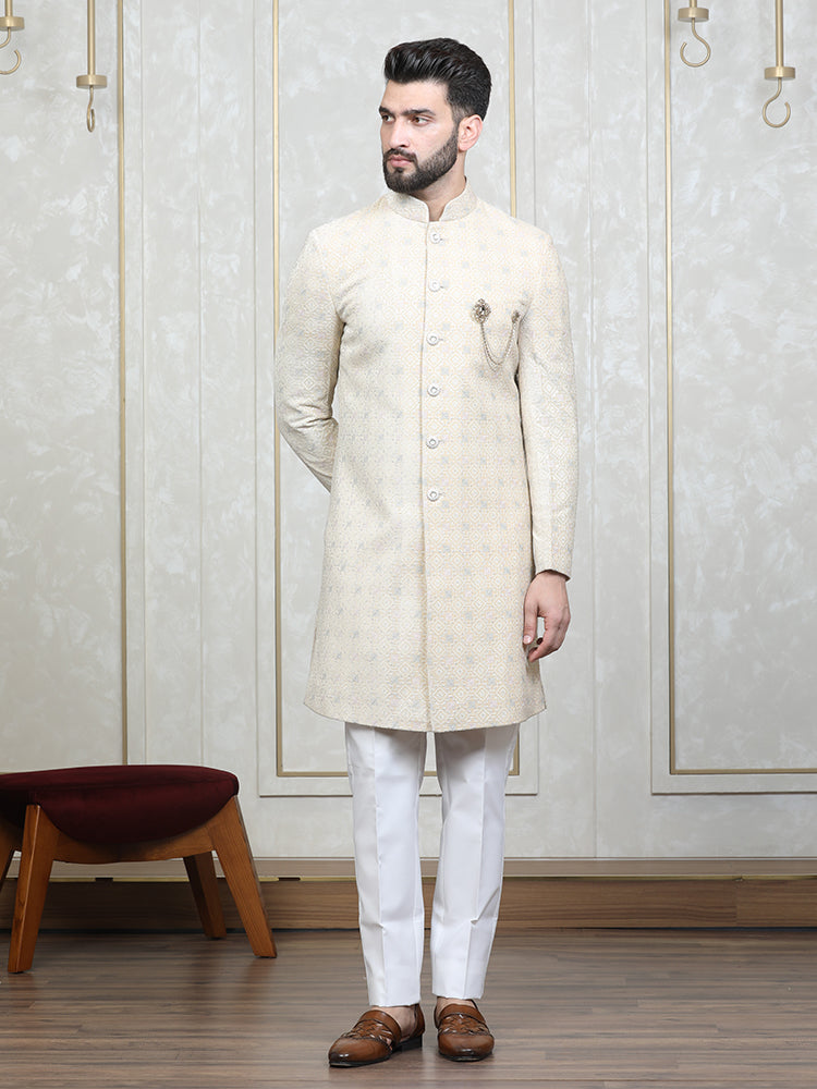 Fawn Velvet Embroidered Sherwani Set with Dupatta