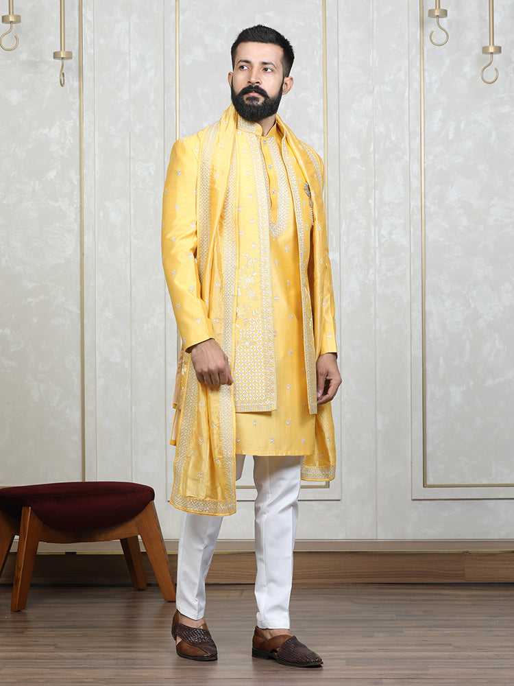 Haldi Vichitra Silk Embroidered Long Jacket Set with Dupatta