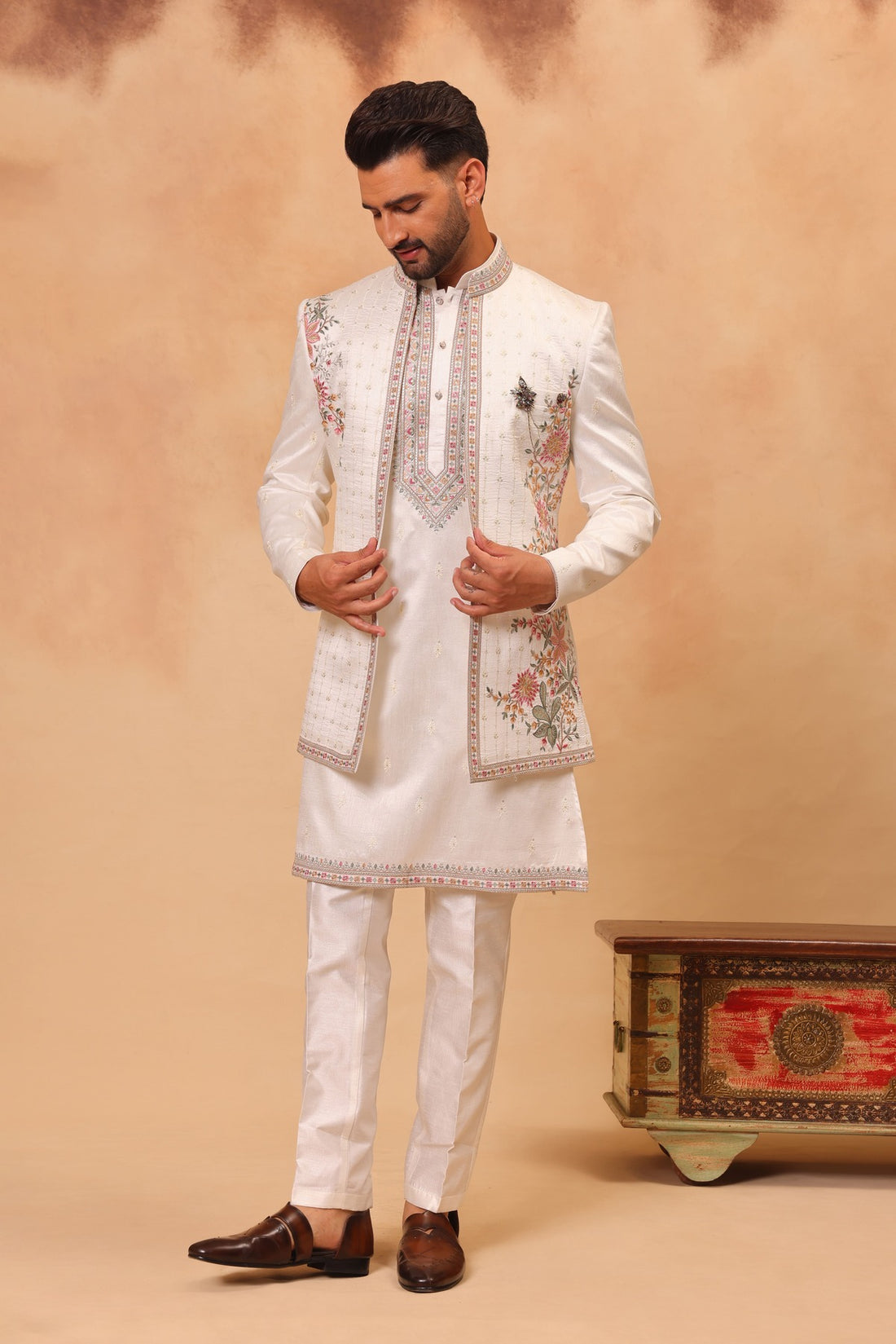 Cream Embroidered Front Open Sherwani Jacket Set
