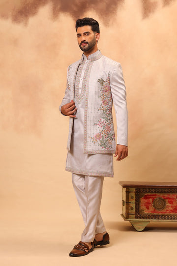 Natural Grey Embroidered Front Open Sherwani Jacket Set