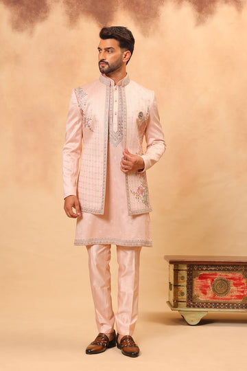 Peach Embroidered Front Open Sherwani Jacket Set