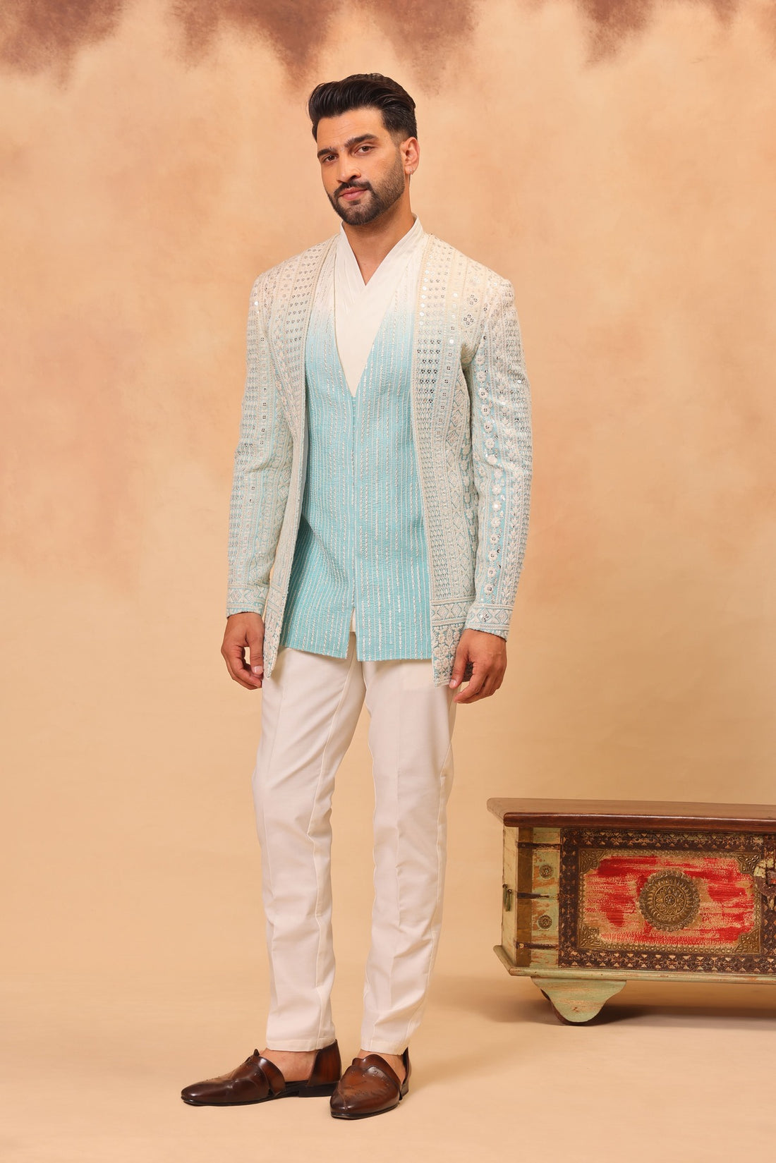 Aqua Blue Embroidered Front Open Jacket Set with Draped Kurta