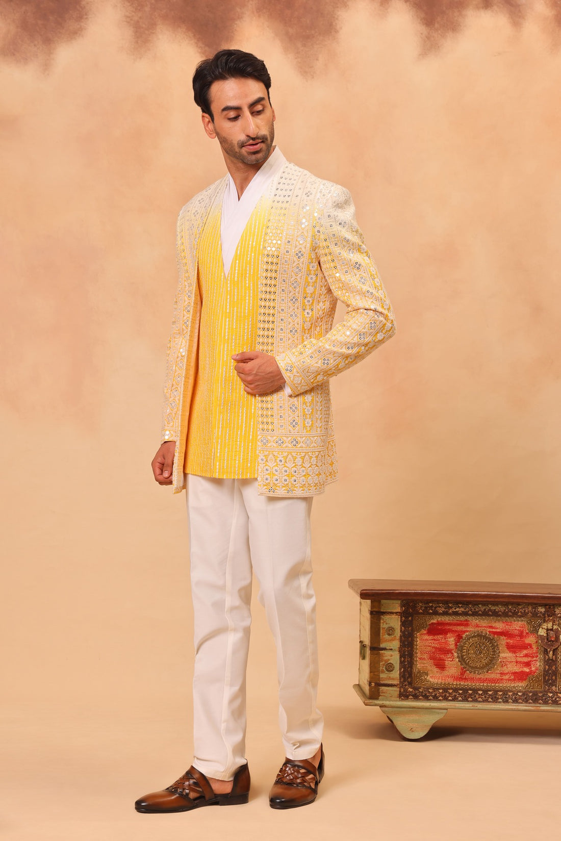 Haldi Embroidered Front Open Jacket Set with Draped Kurta