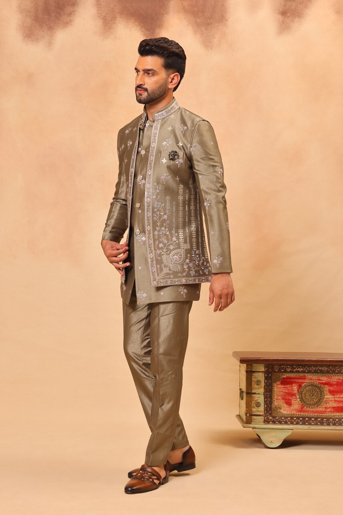 Mehandi Green Embroidered Front Open Short Jacket Set
