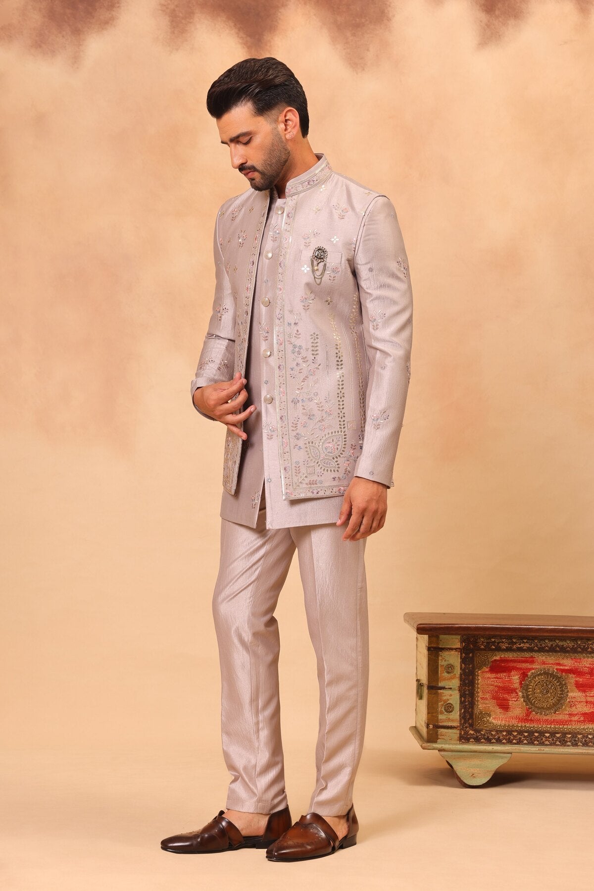 Natural Grey Embroidered Front Open Short Jacket Set