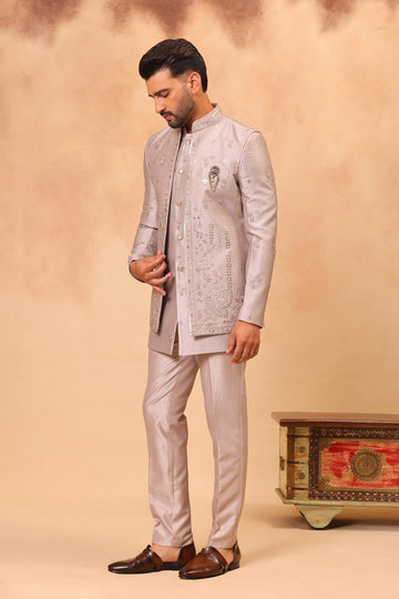 Natural Grey Embroidered Front Open Short Jacket Set