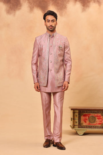 Onion Pink Embroidered Front Open Short Jacket Set
