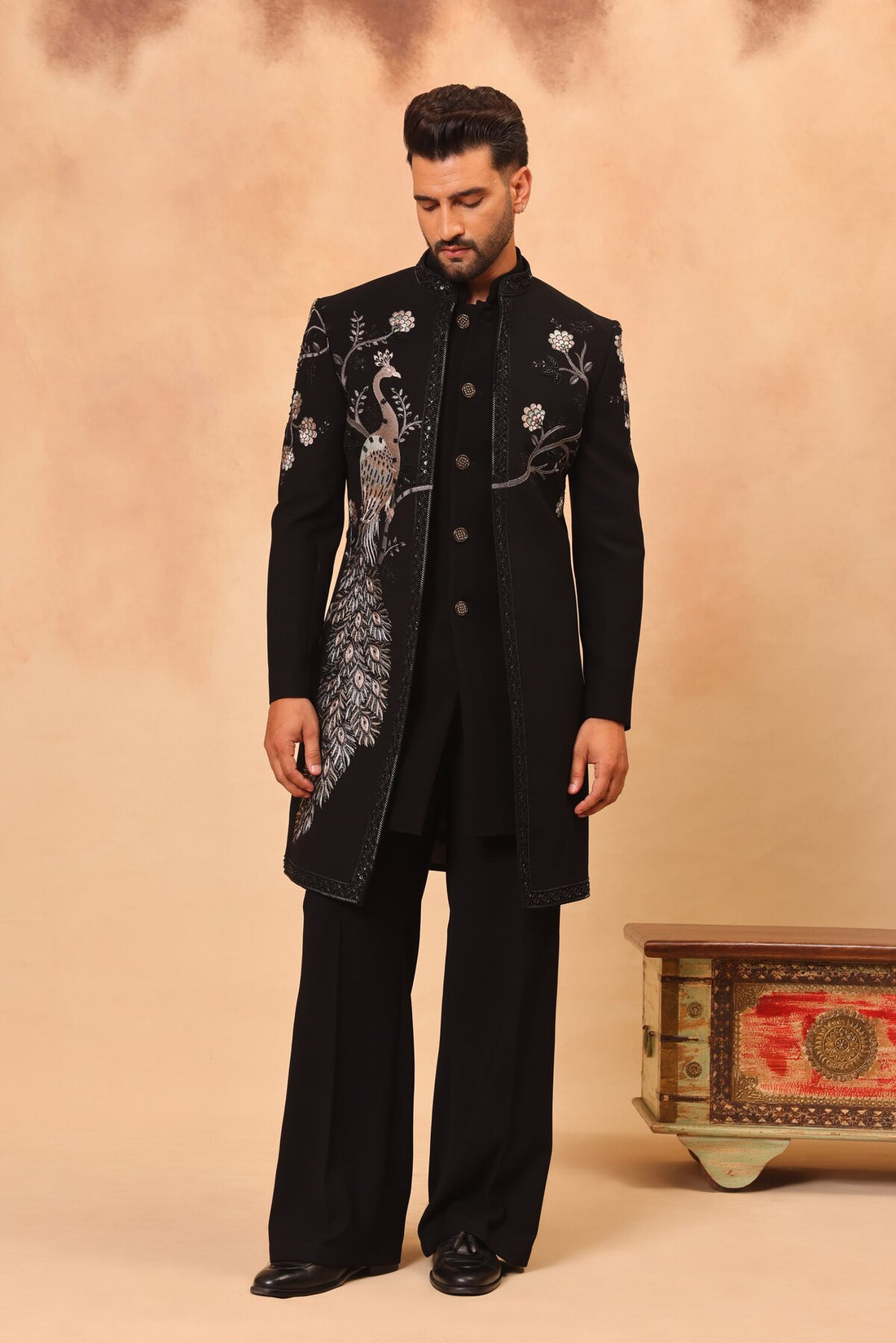 Black Placement Embroidered Front Open Sherwani with Cutdana Work Jacket Set