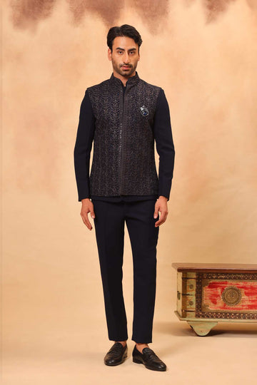 Navy Blue Embroidered Safari Set with Nehru Jacket