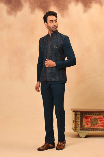 Rama Green Embroidered Safari Set with Nehru Jacket