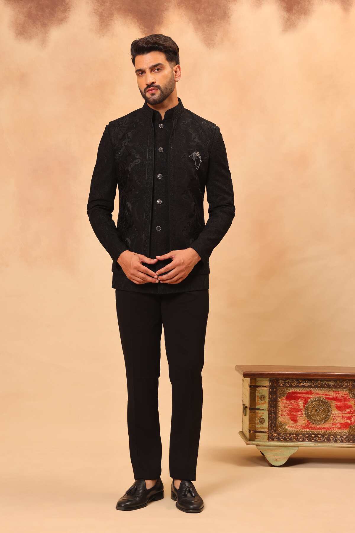 Black Front Open Embroidered Safari Set with Nehru Jacket