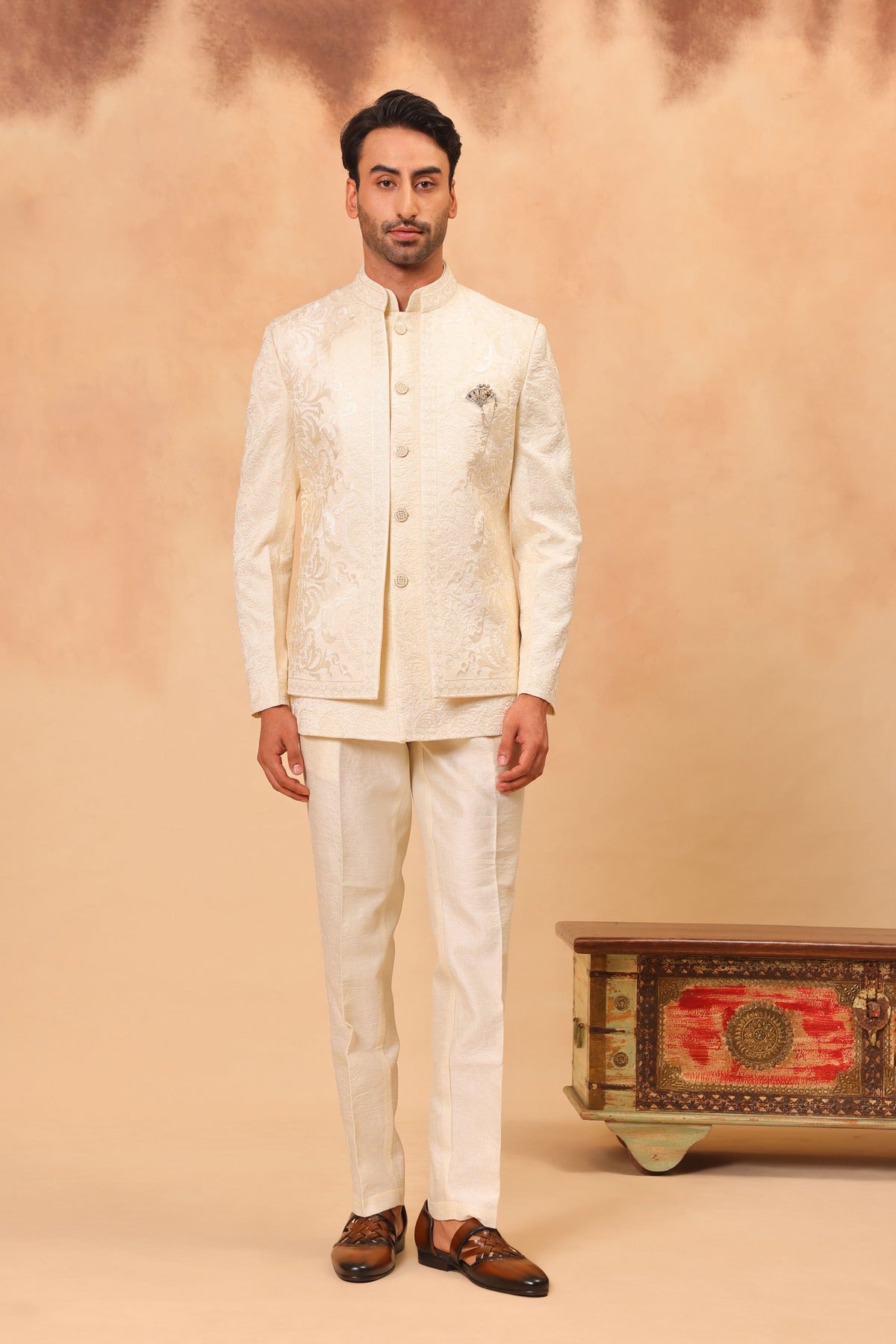 Cream Front Open Embroidered Safari Set with Nehru Jacket