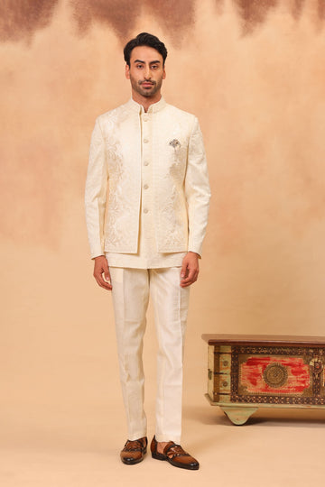 Cream Front Open Embroidered Safari Set with Nehru Jacket