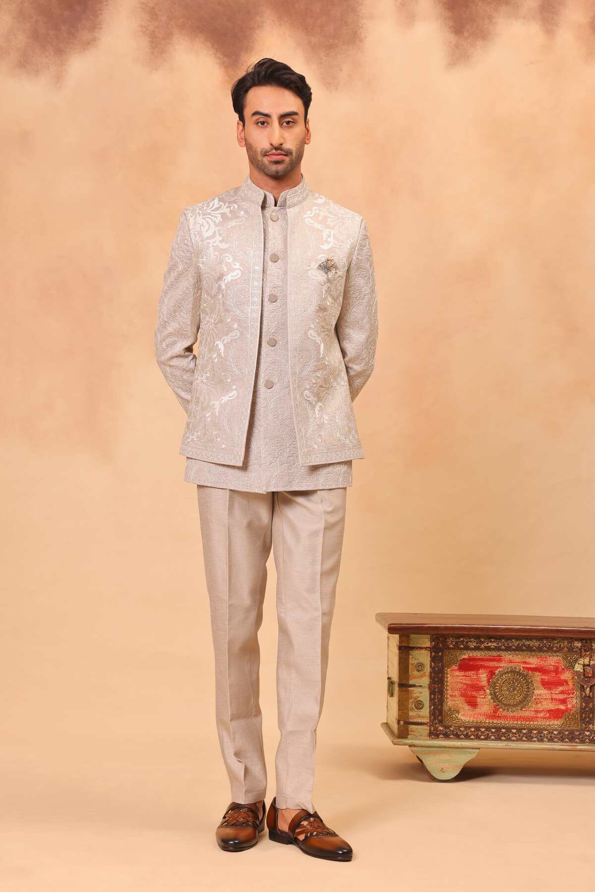 Natural Grey Front Open Embroidered Safari Set with Nehru Jacket