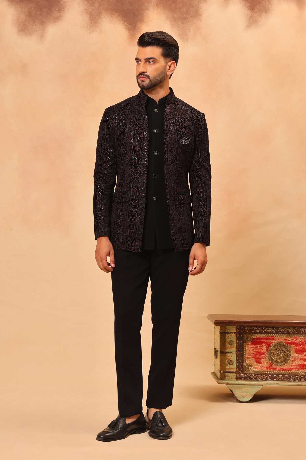 Black Front Open Embroidered Bandhgala with Nehru Jacket Set