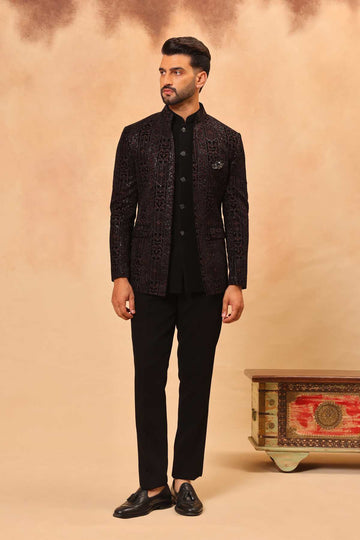 Black Front Open Embroidered Bandhgala with Nehru Jacket Set