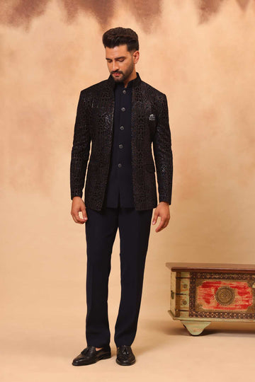 Navy Blue Front Open Embroidered Bandhgala with Nehru Jacket Set