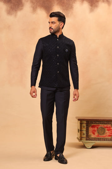 Navy Blue Embroidered Safari Set with Nehru Jacket