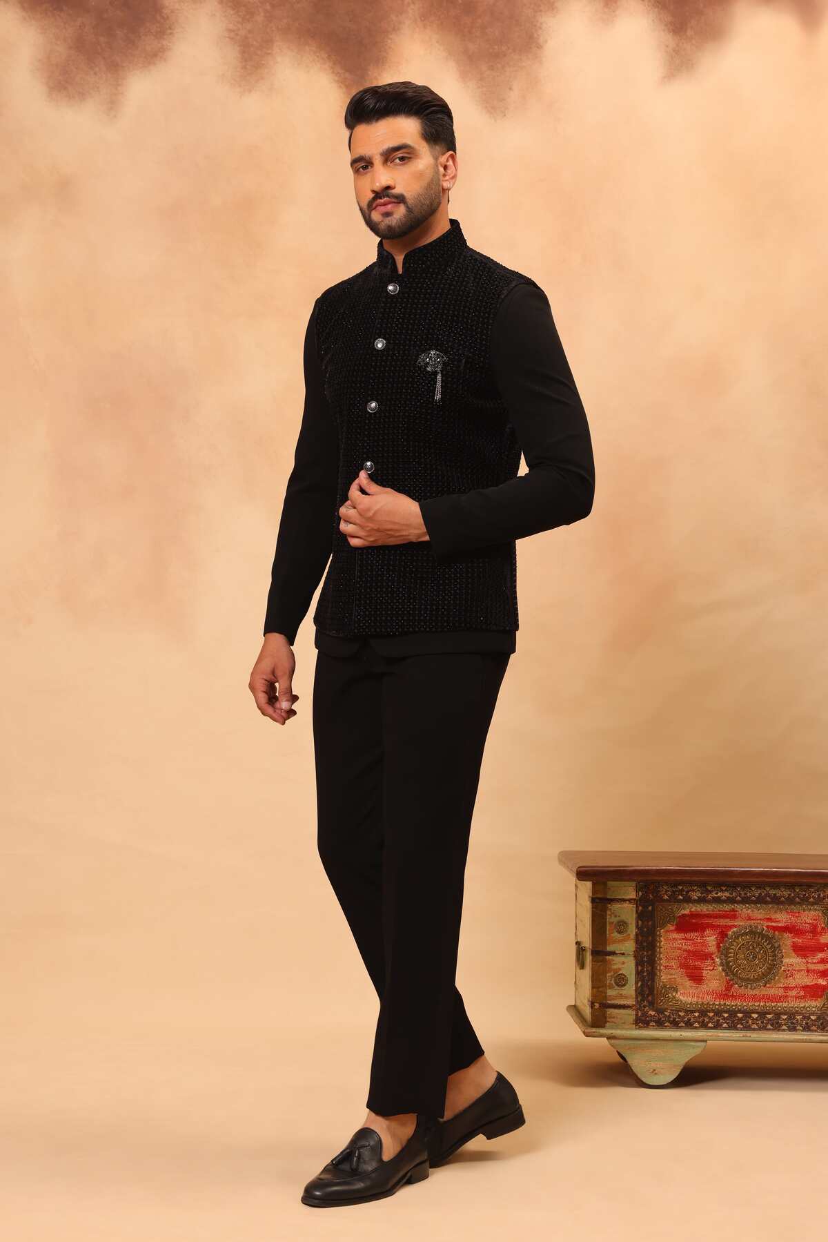Black Embroidered Safari Set with Nehru Jacket