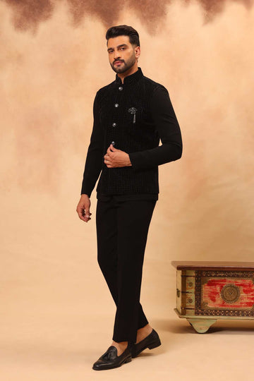 Black Embroidered Safari Set with Nehru Jacket
