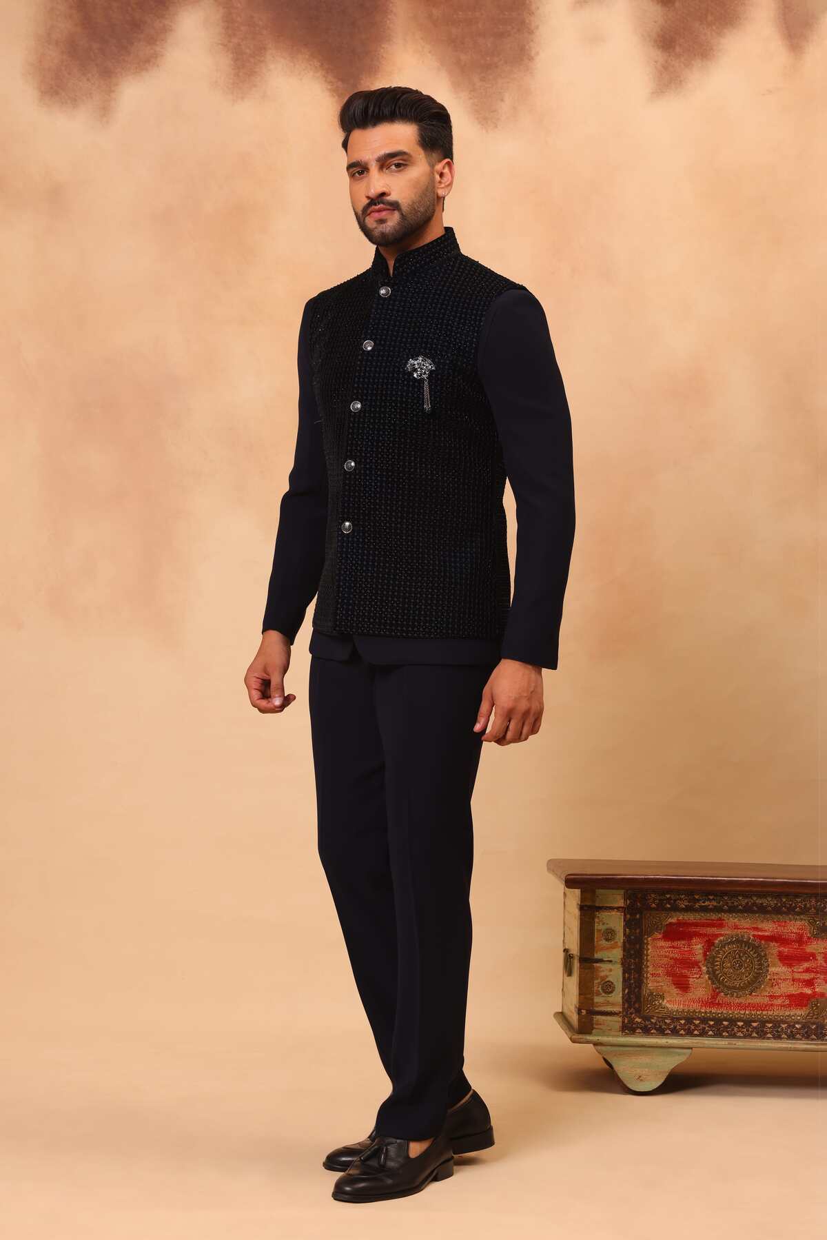 Navy Blue Embroidered Safari Set with Nehru Jacket