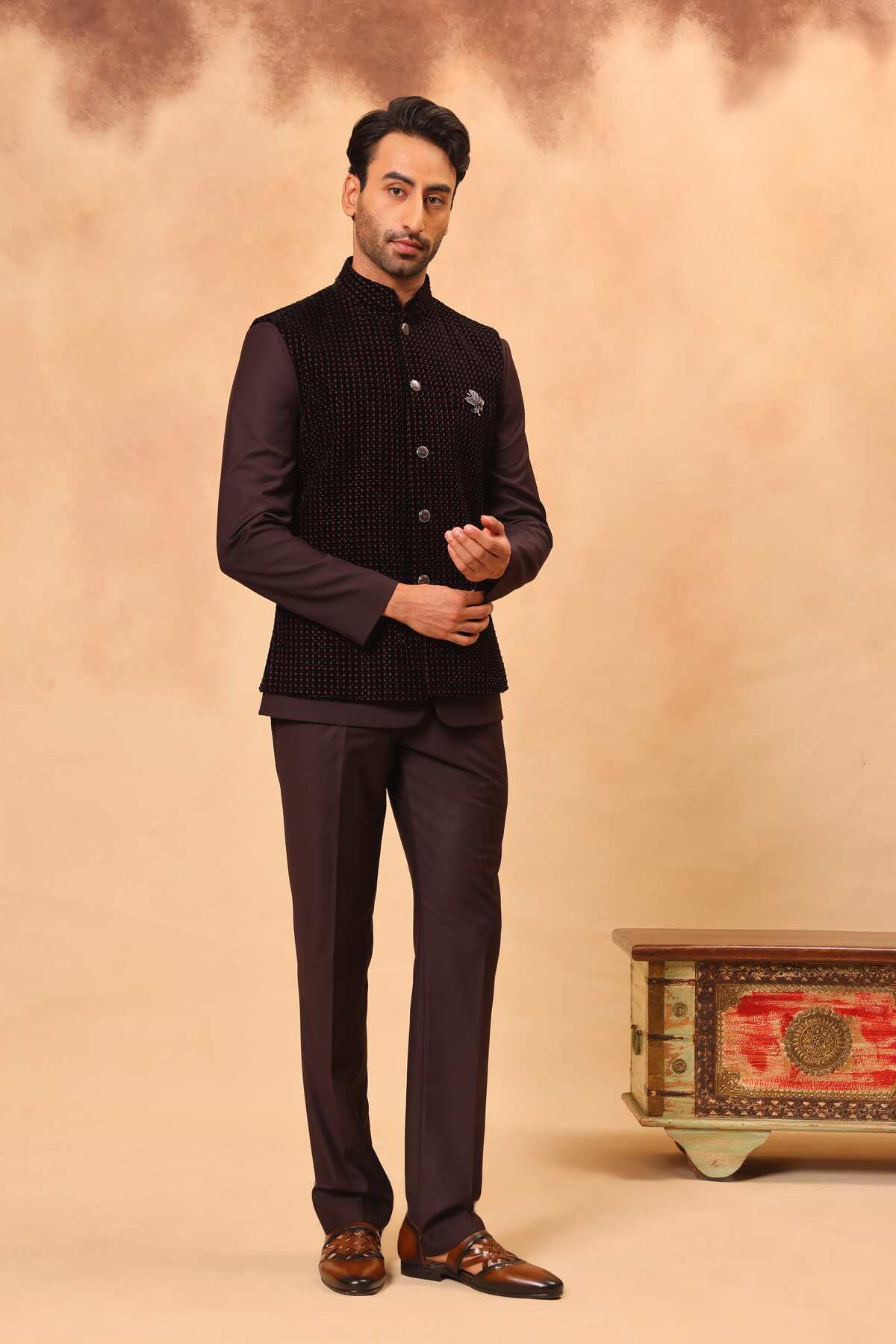 Wine Embroidered Safari Set with Nehru Jacket