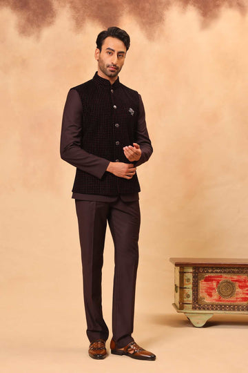 Wine Embroidered Safari Set with Nehru Jacket
