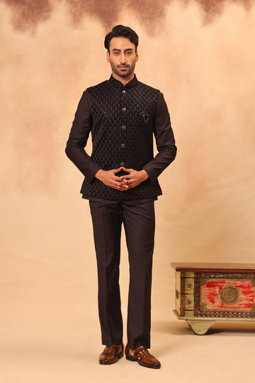 Coffee Brown Embroidered Safari Set with Nehru Jacket