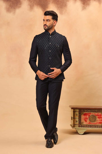 Navy Blue Embroidered Safari Set with Nehru Jacket