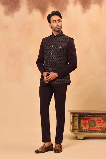 Wine Embroidered Safari Set with Nehru Jacket