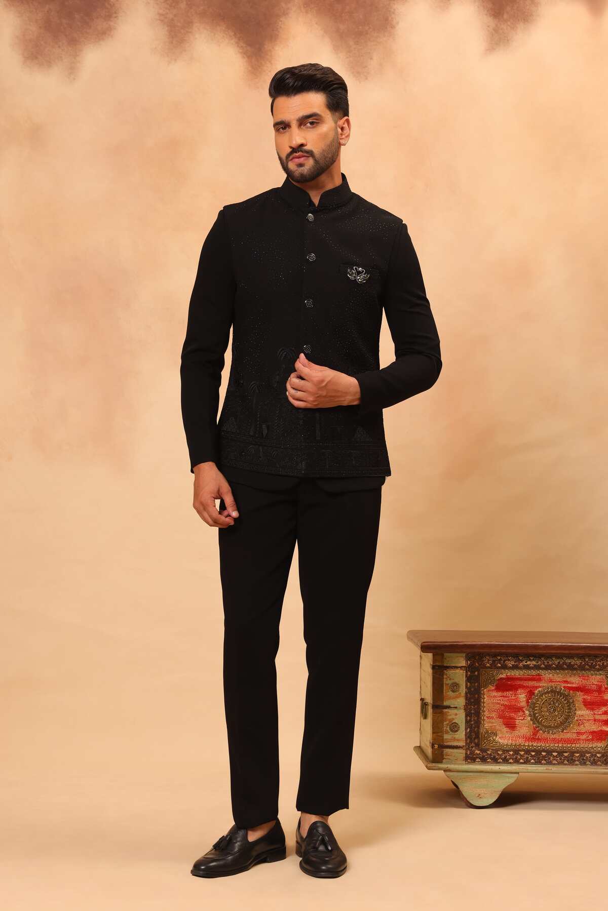 Black Embroidered Safari Set with Nehru Jacket