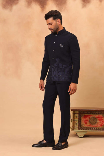 Navy Blue Embroidered Safari Set with Nehru Jacket