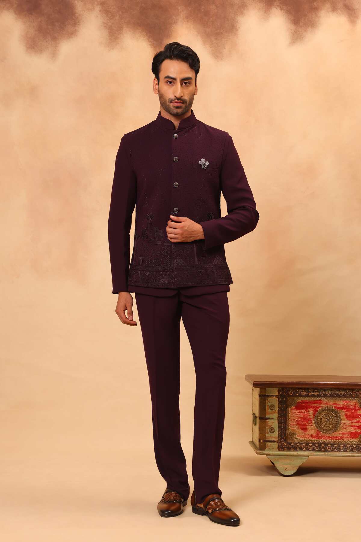 Wine Embroidered Safari Set with Nehru Jacket