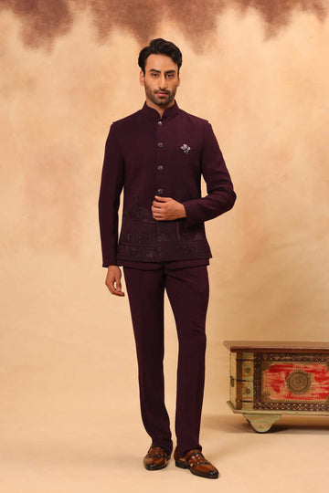 Wine Embroidered Safari Set with Nehru Jacket