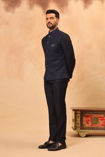 Navy Blue Embroidered Safari Set with Nehru Jacket