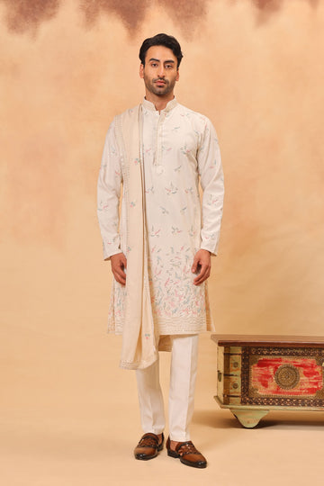 Cream Georgette Embroidered Kurta Set for Men