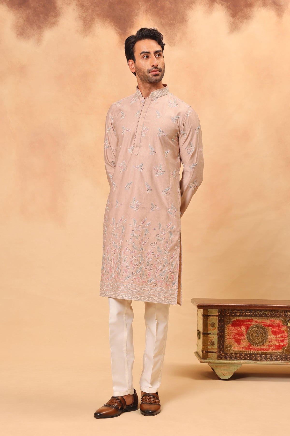 Fawn Georgette Embroidered Kurta Set for Men