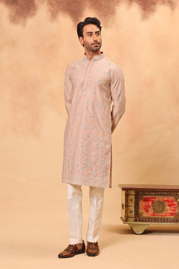Fawn Georgette Embroidered Kurta Set for Men