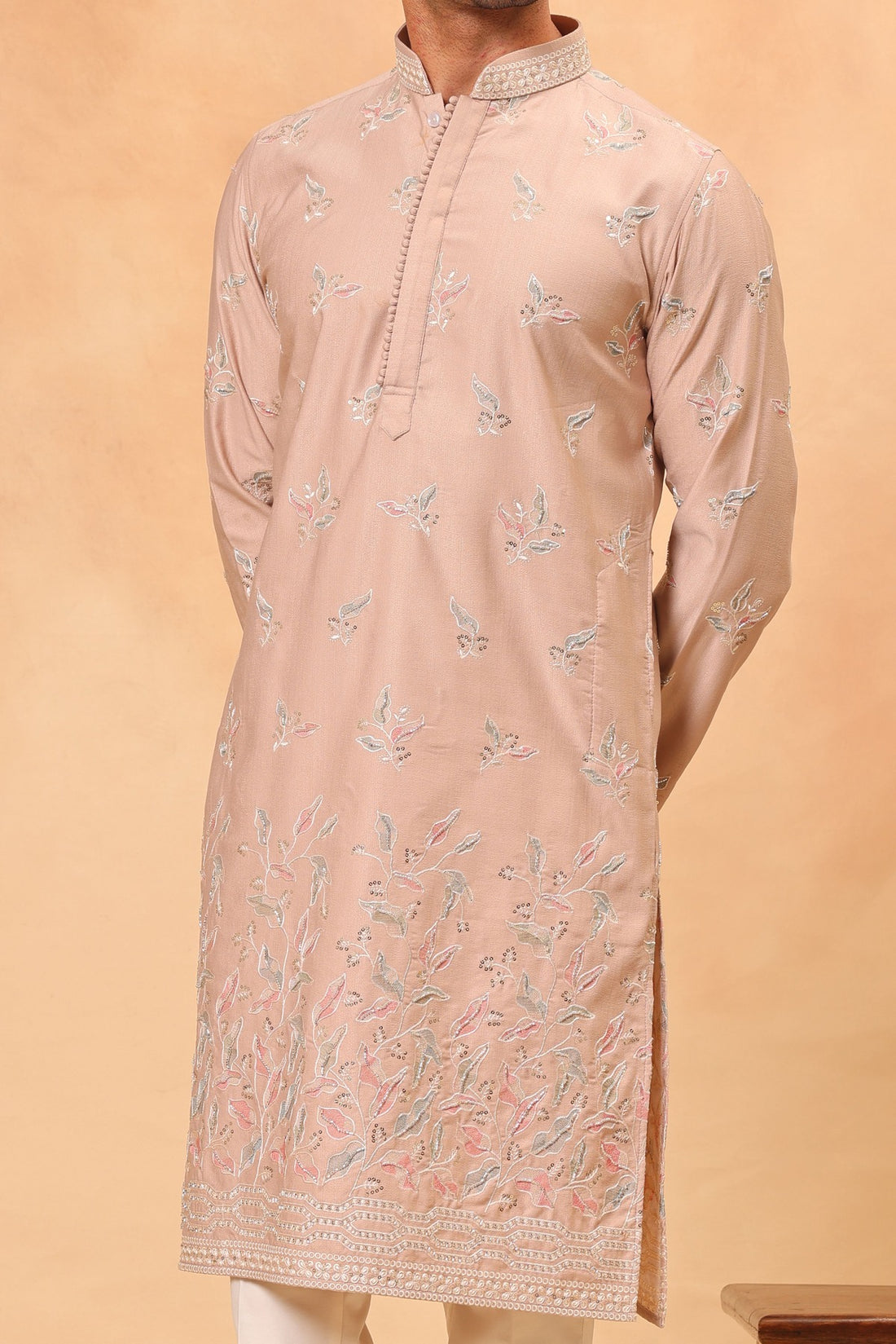 Fawn Georgette Embroidered Kurta Set for Men