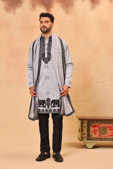 Grey Silk Embroidered Kurta Set with Dupatta for Men