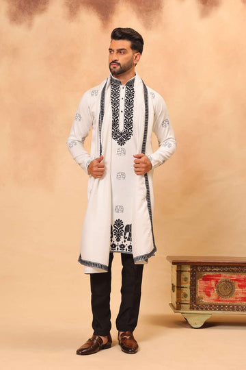 White Silk Embroidered Kurta Set with Dupatta for Men